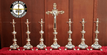 Set candelabros + Cruz altar plateado eucarístico
