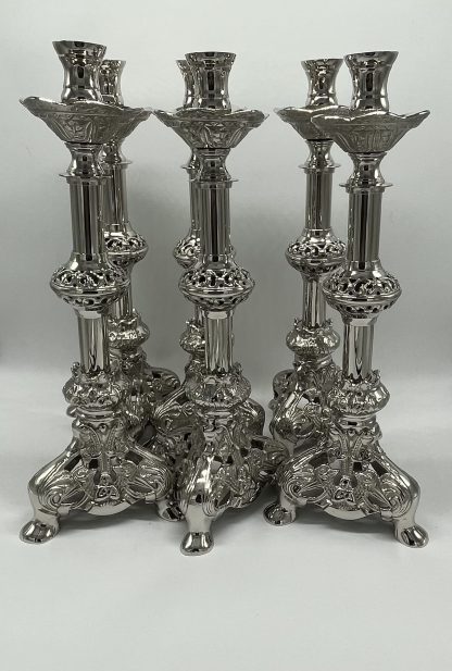 Set candelabros + Cruz altar plateado eucarístico