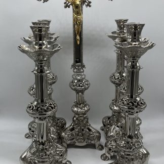 Set candelabros + Cruz altar plateado eucarístico