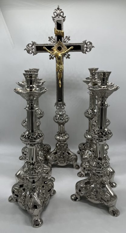 Set candelabros + Cruz altar plateado eucarístico